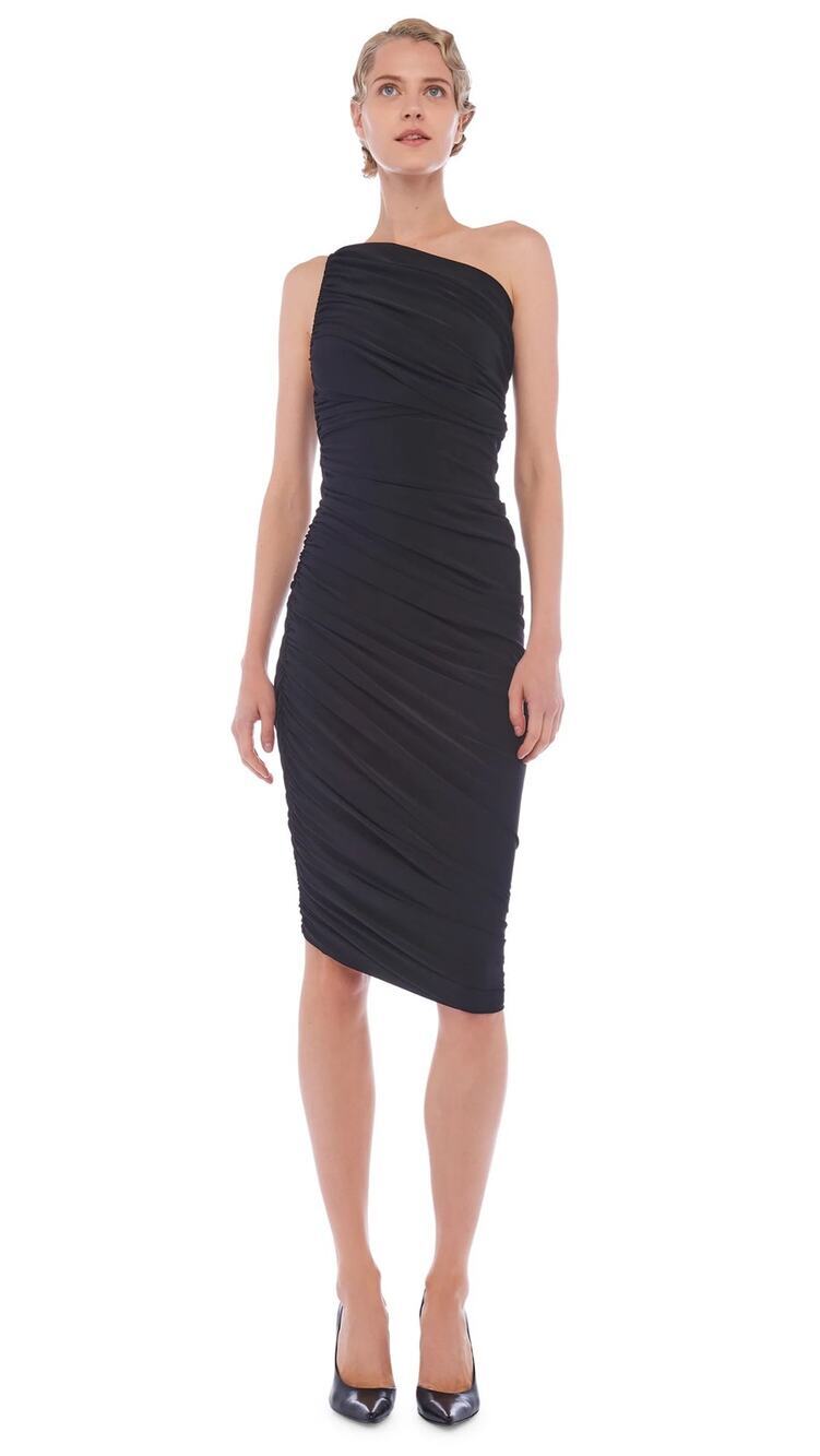 Norma Kamali Diana Dress to Knee Black Womens Size XS One Shoulder Ruched